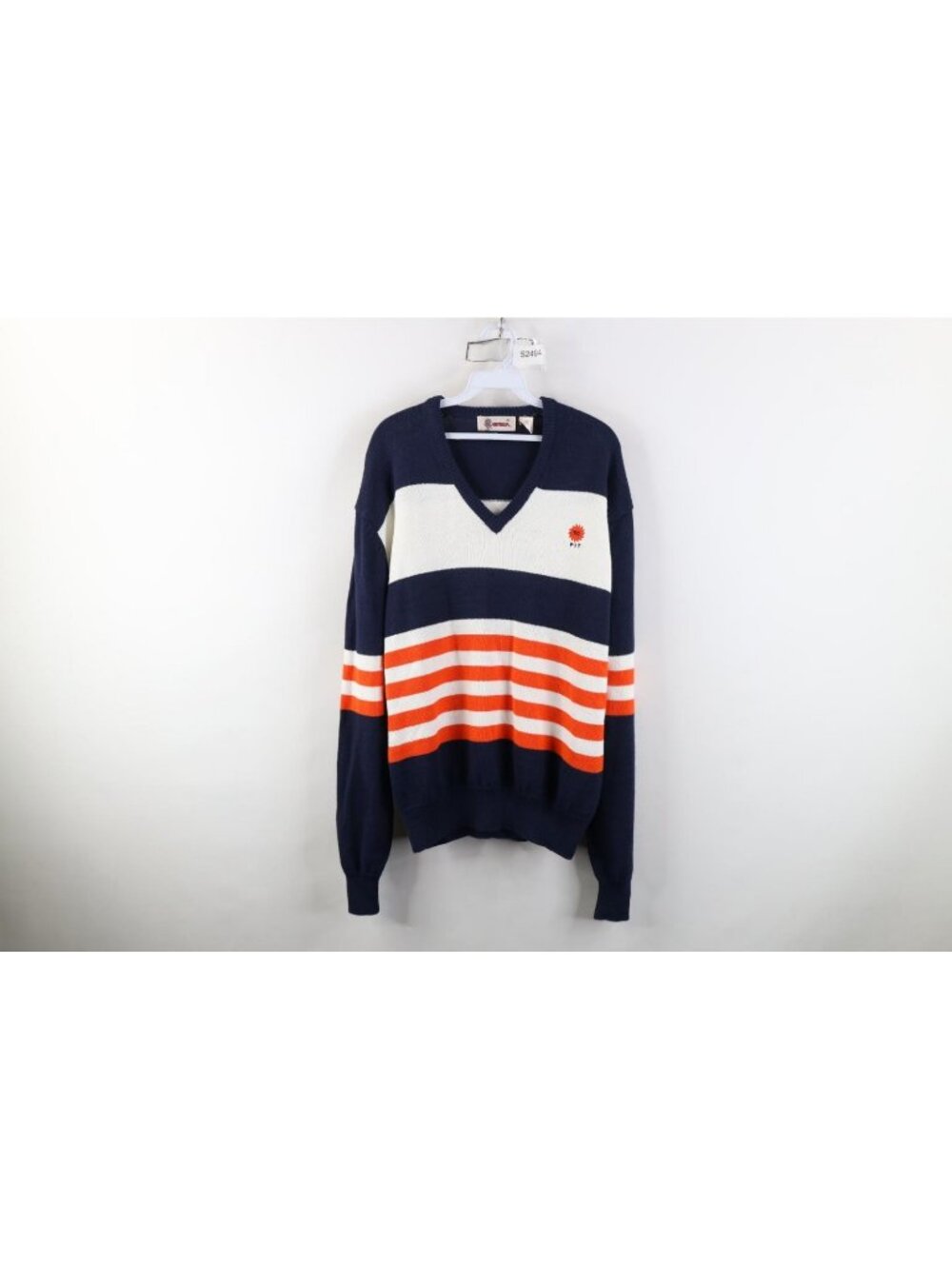 Vintage 90s Mens Size XL Color Block Striped Knit Sun V-Neck Sweater Acrylic